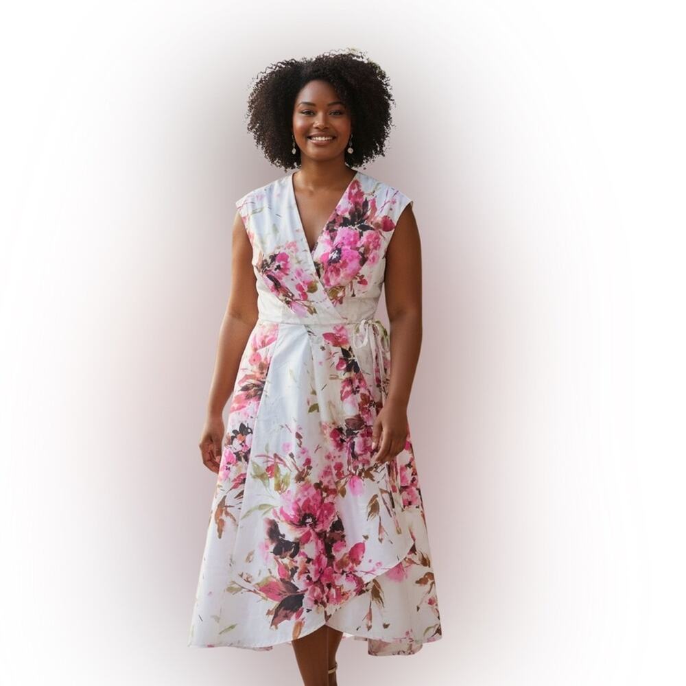 DONNA KARAN $179 Floral Tiered Wrap Dress Audacious Multi Size 18W